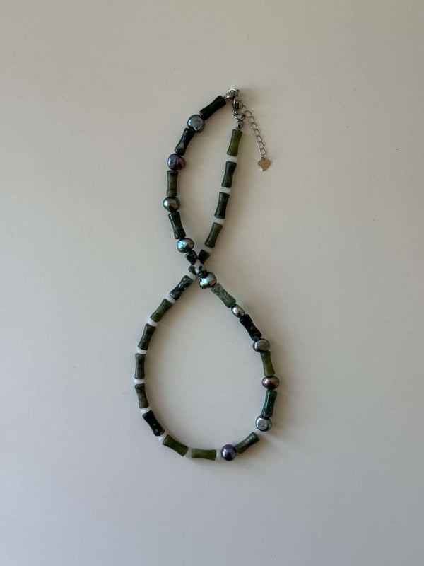 FOREST GREEN JADE GEMSTONE PEARL NECKLACE