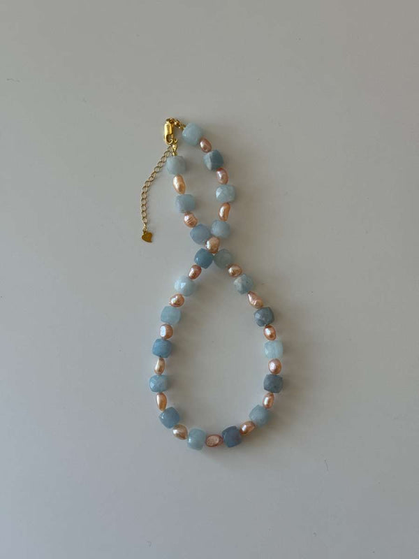 TWILIGHT SKY BLUE GEMSTONE PEACH PEARL NECKLACE